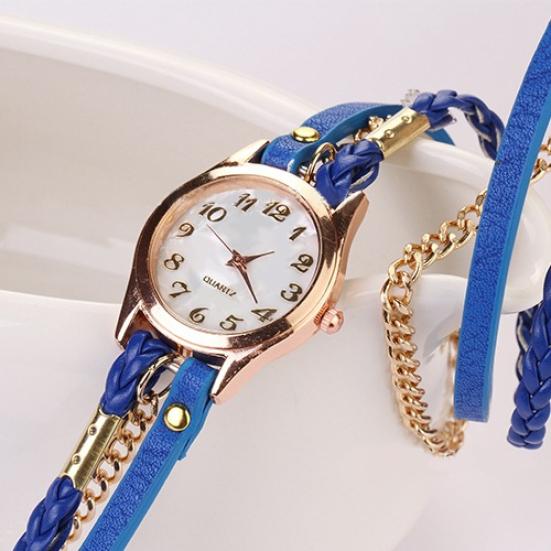 Kobiety w stylu vintage wielowarstwowa pleciona bransoletka ze stopu sztucznej skóry Wrist Watch Jewelry