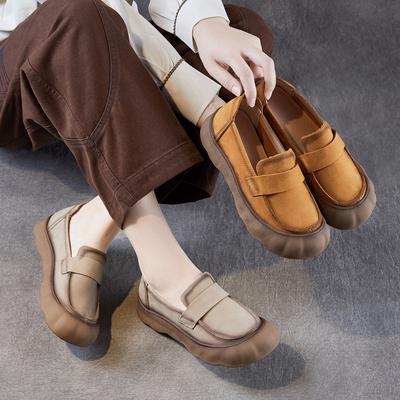 Damskie Retro Casualowe Buty Wszechstronne Jednobuty ze Skóry Licowej Wsuwane Mokasyny na Miękkiej Podeszwie