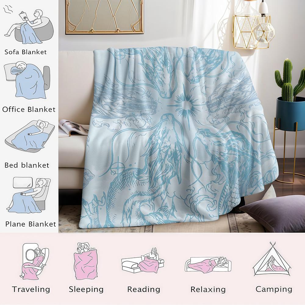 Cyan Dragon Spiral Flannel Blanket Warm Soft Halloween Christmas Couch Warm Cozy Decorative Decor Gift for All Season