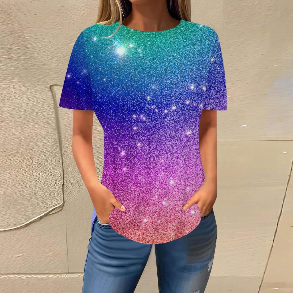 Summer Round Neck 3D Gradient Glitter Print Top Fashionable Casual Short Sleeved Women's T-shirts