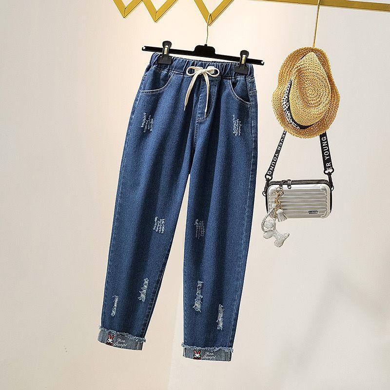 Spring and Autumn Loose Elastic Waist Jeans Women's Embroidered High Waist College Style Harun Straight Pants