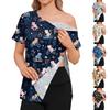 Post Surgery Women Shirt Animal Print Short Sleeve Top Side Zipper Shoulder Opening Magic Tape Closure Comfortable Fit