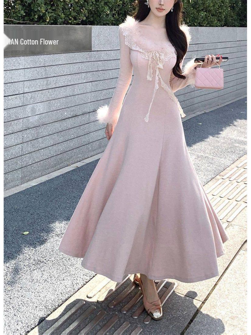 2025 Autumn/Winter French Elegance: Waist-Cinching Lace Trim Fur Dress for Women Small