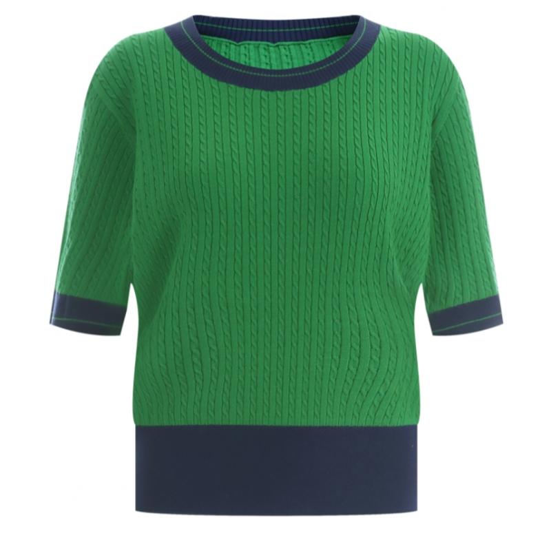 Shop Women Cable Knit Round Color Block Regular Fit Short Sleeve Knit Ivory Fr