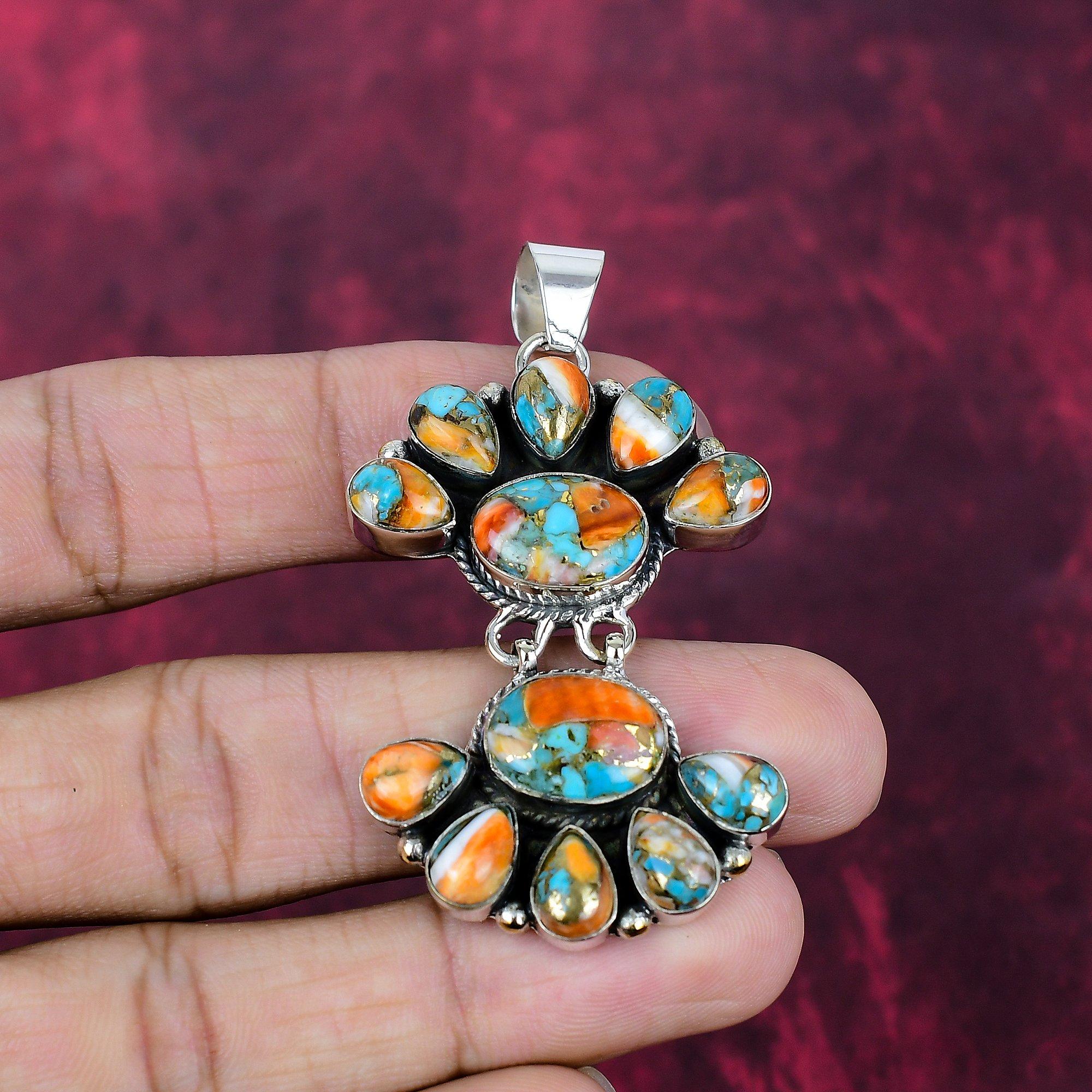 

Подвеска ручной работы с оранжевым колючим устричным камнем, подвеска из стерлингового серебра 925 пробы, для Дня благодарения 2.44 Inches