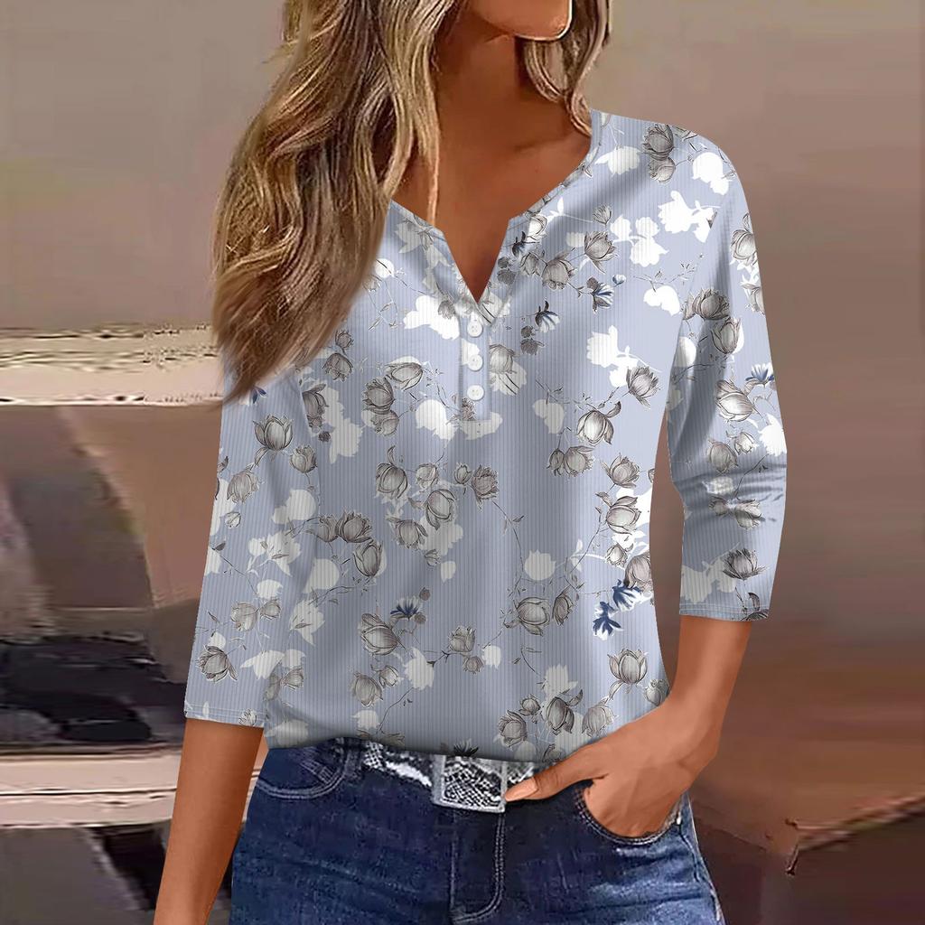 Women's T Shirt Tee Print Button 3/4 Sleeve Tunic Daily Weekend Fashion Basic V- Neck Regular Top