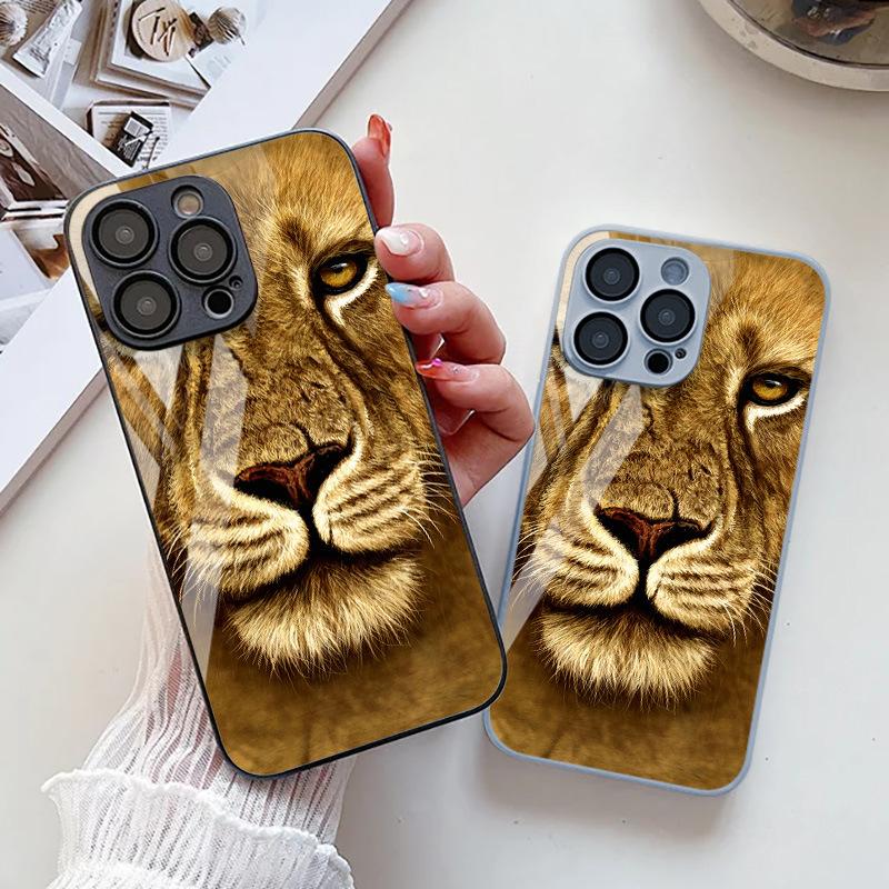 Lion face photo for iPhone17ProMax metallic paint glass mobile phone protective case 17 all-inclusive 15 fine holes