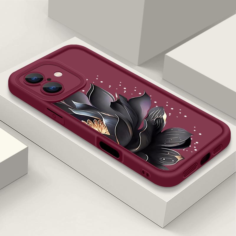 

Чехол с узором черного лотоса для iPhone 16e 16 15 14 13 12 Pro Max 13 15 Pro 11 Противоударный Мягкий ТПУ Силиконовый Чехол для Телефона iPhone 11 вино красного