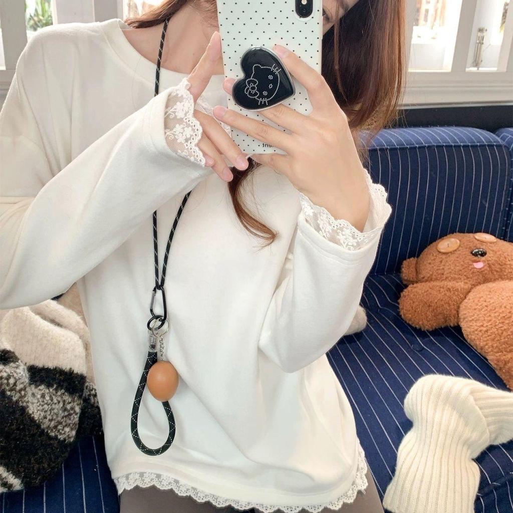 Korean Style Double-Faced Fleece Lace Trim Long Sleeve T-Shirt - Plus Size Autumn/Winter Loose Top