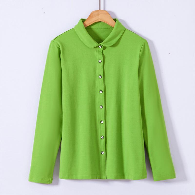 Women‘s Turn Down Collar Long Sleeve Slim Fit Shirt Cotton Solid Casual Top