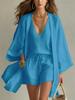 Summer New Loose Cotton Linen Long Sleeve Cardigan Sleeveless Vest Shorts Casual Set