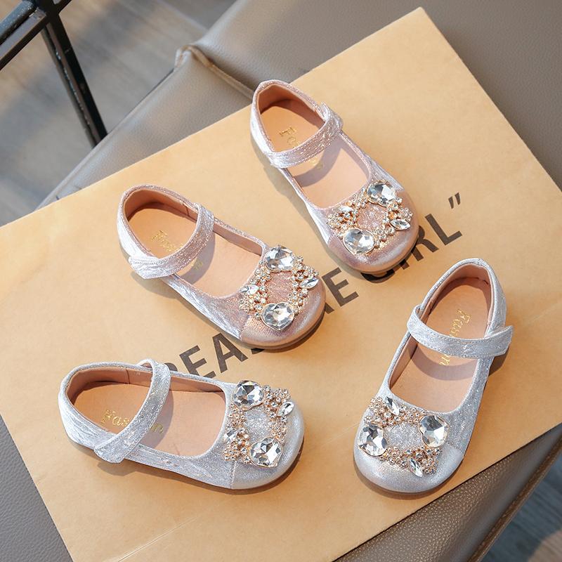 Kids Leather Shoes Shiny Crystal Girls Flat Shoes Round Toes Hook&loop 2025 New Children Princess Shoes Elegant Sweet Ins Trendy