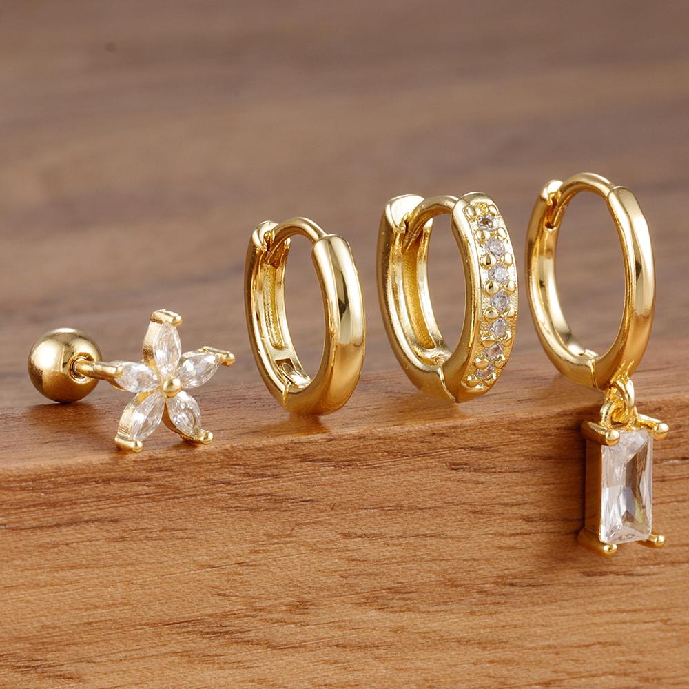4PCS Exquisite Stainless Steel Flower Square Earrings Set for Women Gold Plated Huggie Dangle Earring Piercing Jewelry aretes