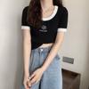 Pink Short Sleeved Slim Fit Spring/summer Knitted Base Shirt for Women's Korean Version High Waisted Short Top for Inner Lining