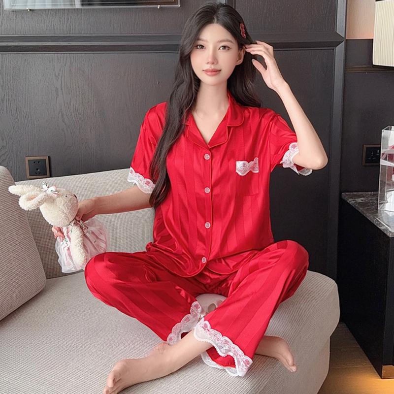 Summer lace patchwork stripes Women Sleepwear Sets Rest Autumn Pajamas Set Turn Down Collar Faux Silk Satin Short Sleeve Female Pijama Home Wear