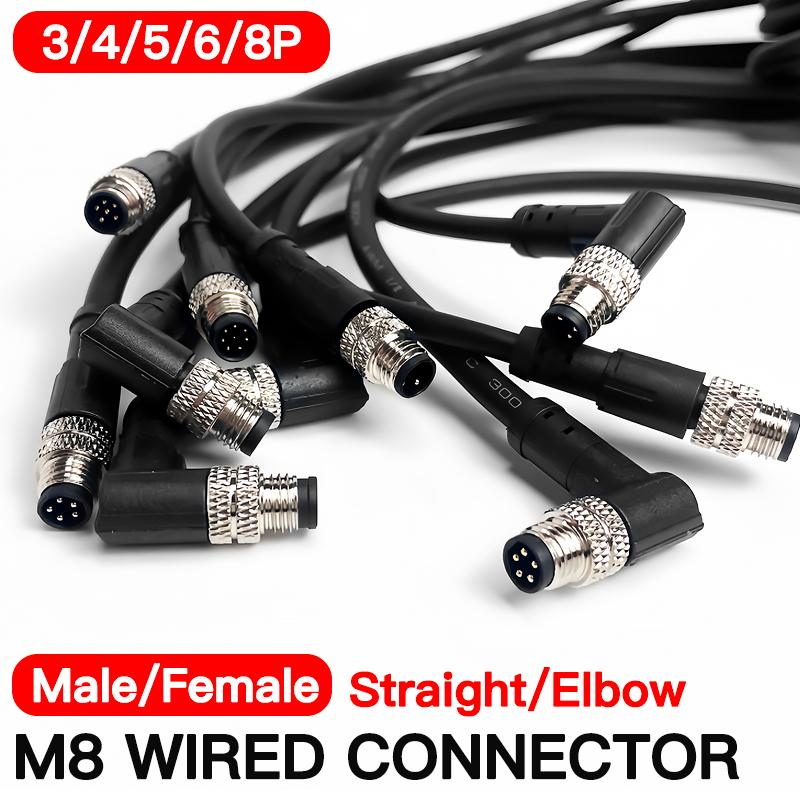 2Meters M8 Sensor Connector Male & Female, 3/4/5/6/8 Pin Waterproof Cable Plug, Integrated Injection Molding for Industrial Use