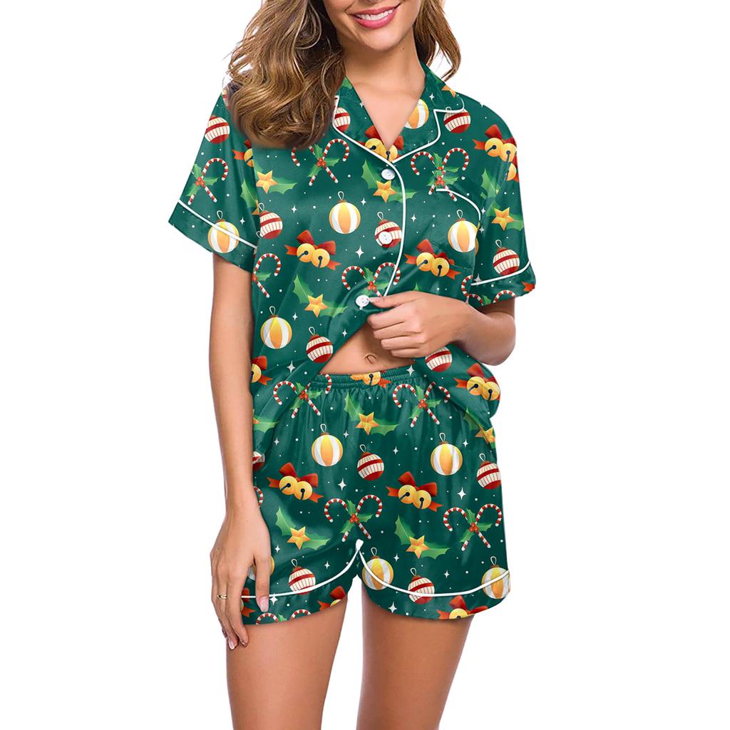 Women's Casual Fashion Christmas Print Short-Sleeve Top And Shorts Homewear Set