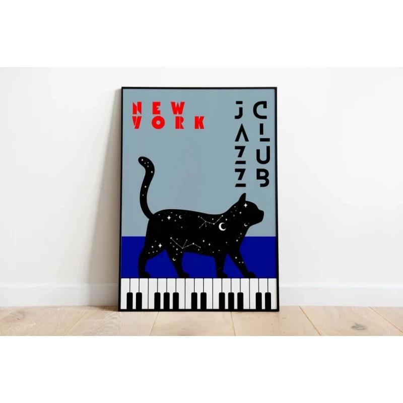 Black Cat with Piano Canvas Art Poster Fortune Cat Simple Canvas Painting Wall Art for Bedroom Living Room Home Office