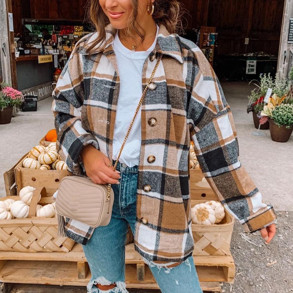 Women Fashion Lattice Lapel Button Casual Long Sleeve Loose Overcoat Coat