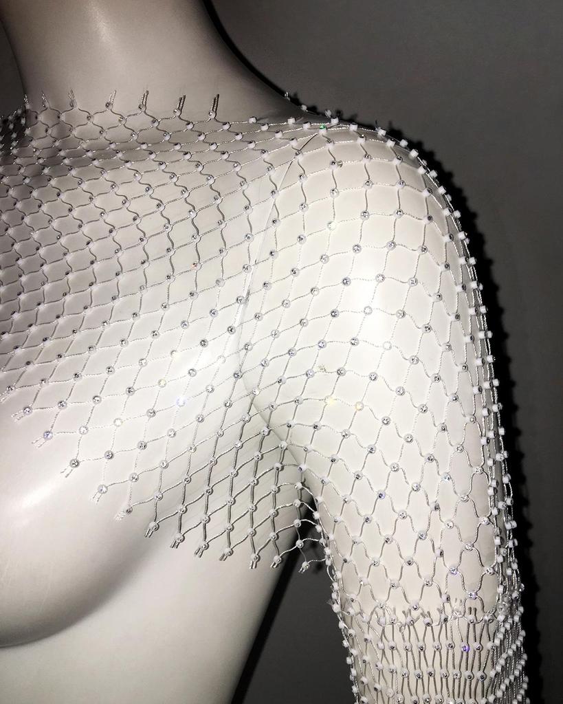 Europäisches & Amerikanisches High-End Mesh Strass Damen Langarmtop