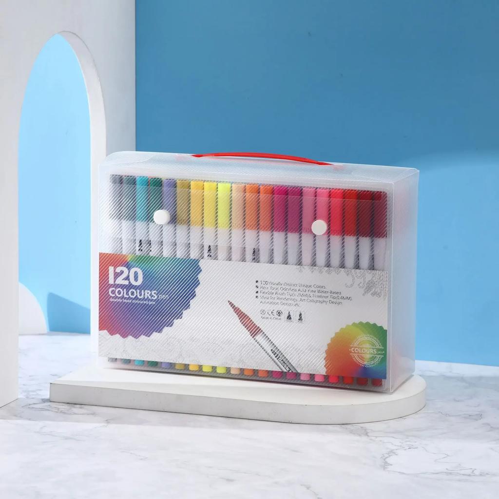12/24/100/120 Colors Felt Tip Drawing Watercolor Art Markers Pen Dual Brush Fineliner Colouring Pen Set for Calligraphy Painting