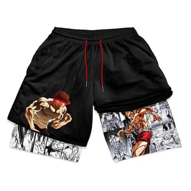 Calções de Treino Baki Grappler Calças Camada Dupla Boxe Muay Thai Kickboxing Treino Desenho Animado Japonês Animação Estampa 3D Ginásio Desporto Treino Fitness Cosplay Unissexo