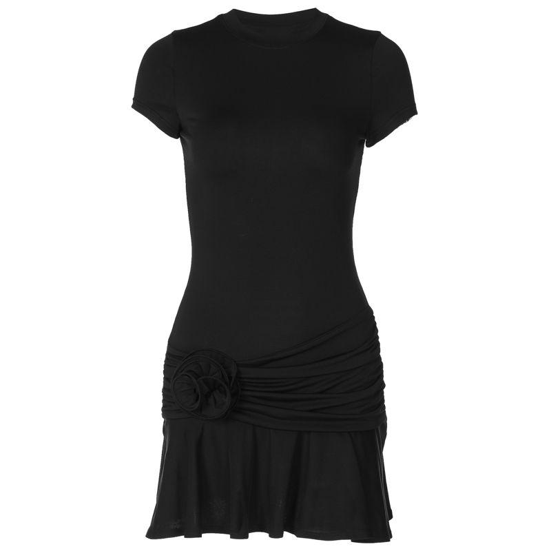 

INS Summer Stretch Decorative Flower Pleated Skirt round Neck Short Sleeve Black M
