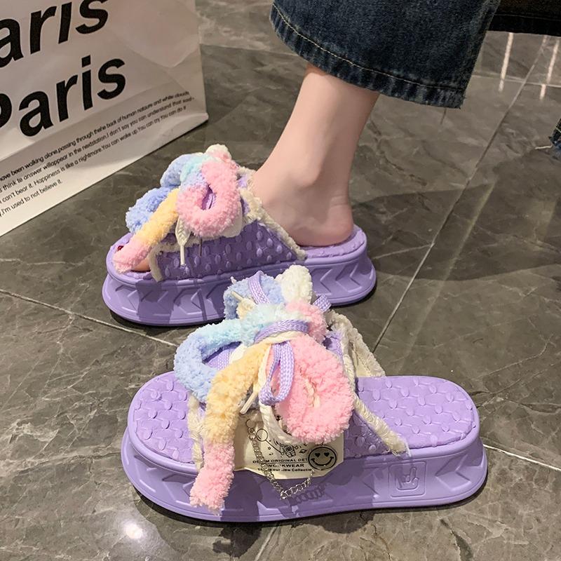 Fashion Kawaii 5.5CM Summer Women Weave Slippers Platform Shoes Mules Flip Flops Candy Color Sandals Flat Casual Soft Cute Outdoor Shoes