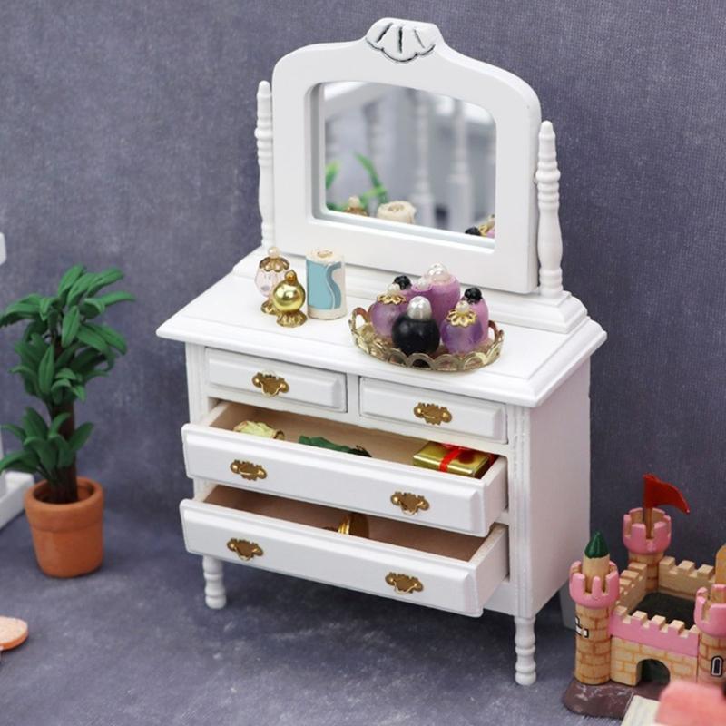 European Style Dollhouses Wardrobe Cabinet Wooden Dresser Toy For 1/12 Scale Miniature Home Decors