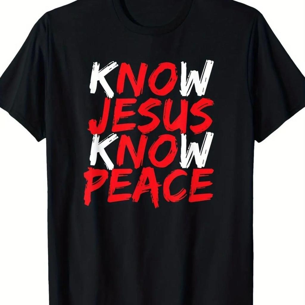 Mens Christian Know Jesus Know Peace TShirt 180g Heavyweight Cotton Tee with Bold Red White Scripture Print