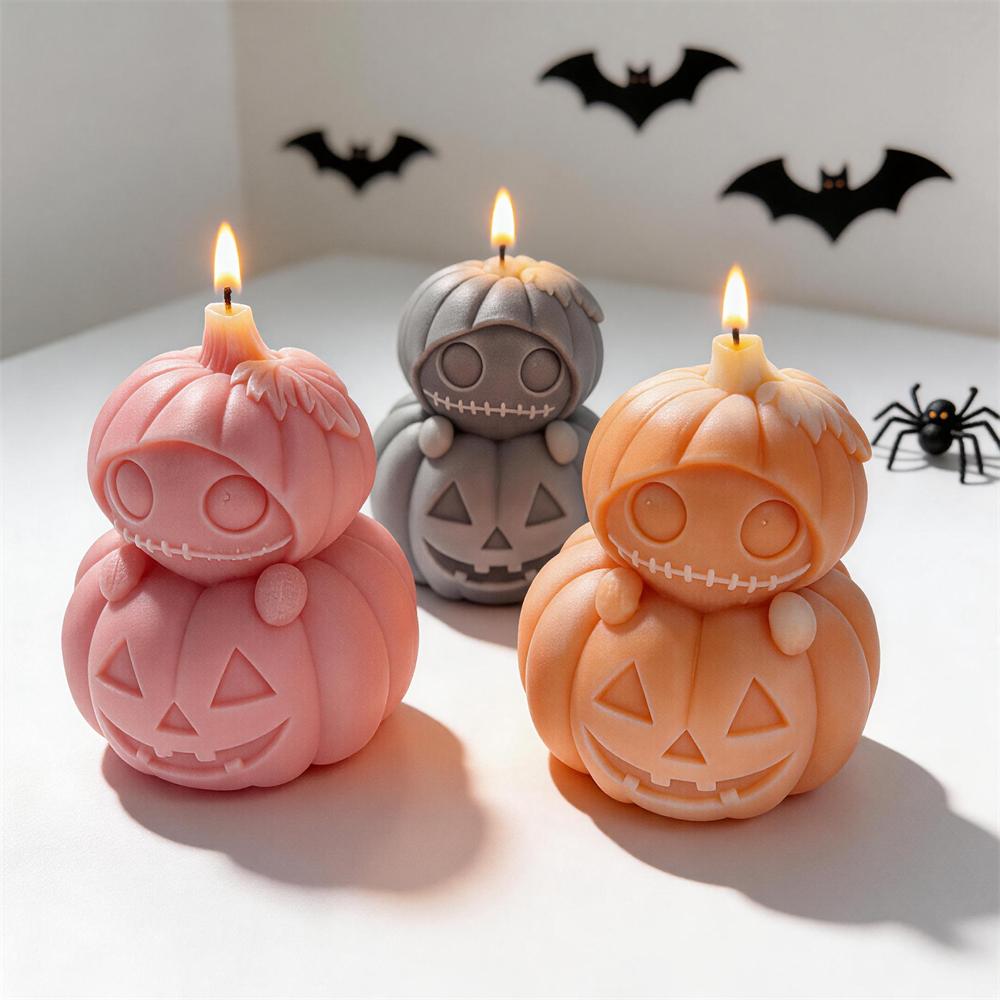 Jack-O-Lanterns Halloween Silicone Mold Stacked Pumpkin Candle Mold Ghost Skeleton Resin Plaster Mould for Halloween Decor