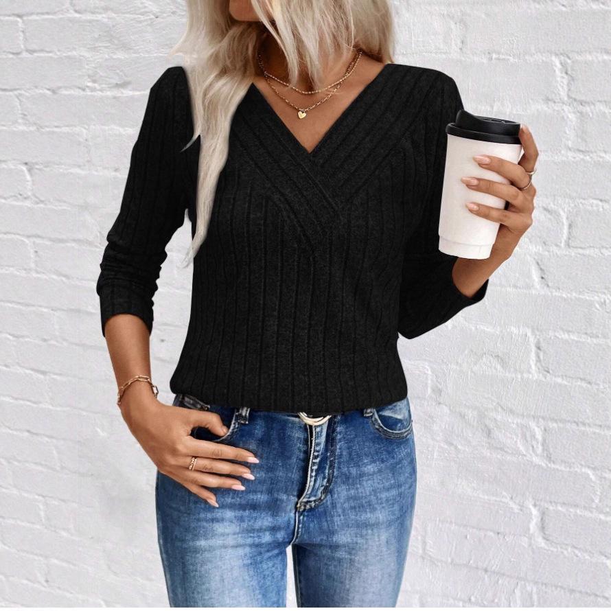 2025 Women's European & American Style V-neck Ribbed Casual Slim Fit Long Sleeve Autumn/Winter T-shirt