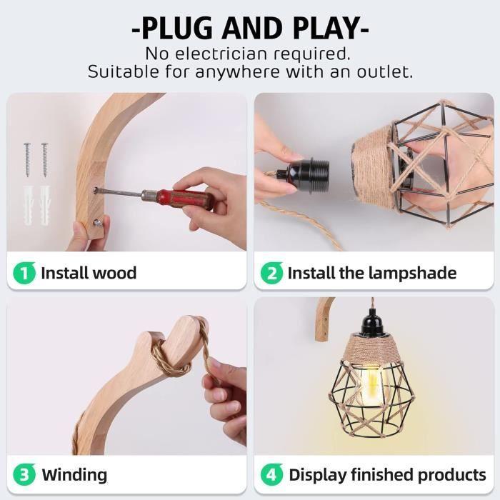 Eufrozy applique murale intérieur vintage,lampe murale boho avec interrupteur et câble de charge de 2.8 m,lampe rétro industriell