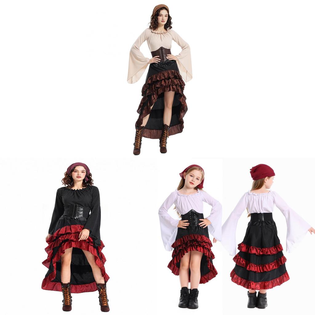 Středověký pirátský rodinný kostýmový set s volánovými dlouhými šaty pro Halloween Cosplay