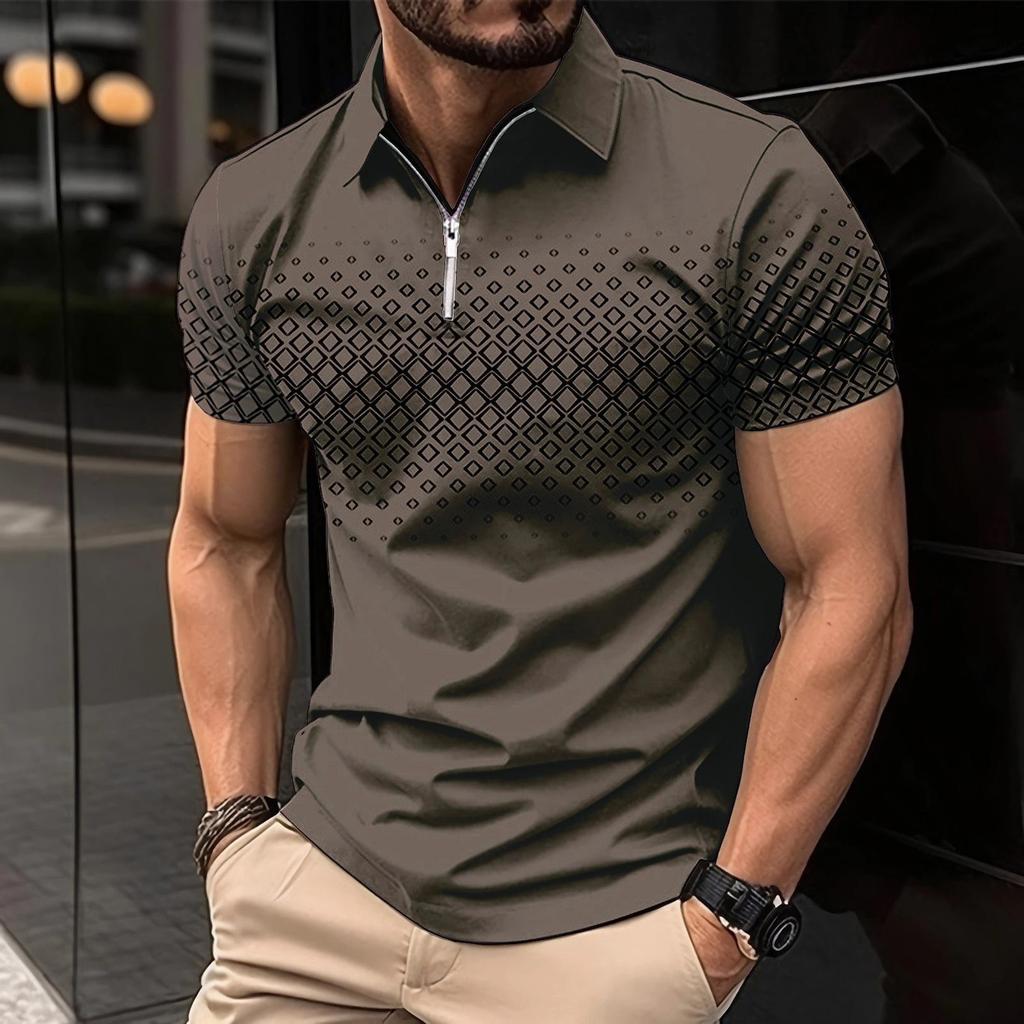 Summer New Men's Short Sleeved Lapel Polo Shirt Square Printed Zipper Casual