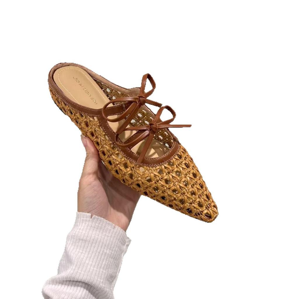 Flat-bottomed bow new Muller shoes heightened 2025 Xiaoxiangfeng summer woven breathable half slippers hollow one-word drag