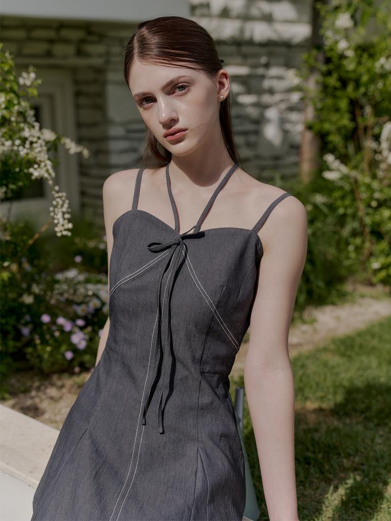 Peulomdeimomeonteu Ribbon Strap Denim Bustier Dress _Grey