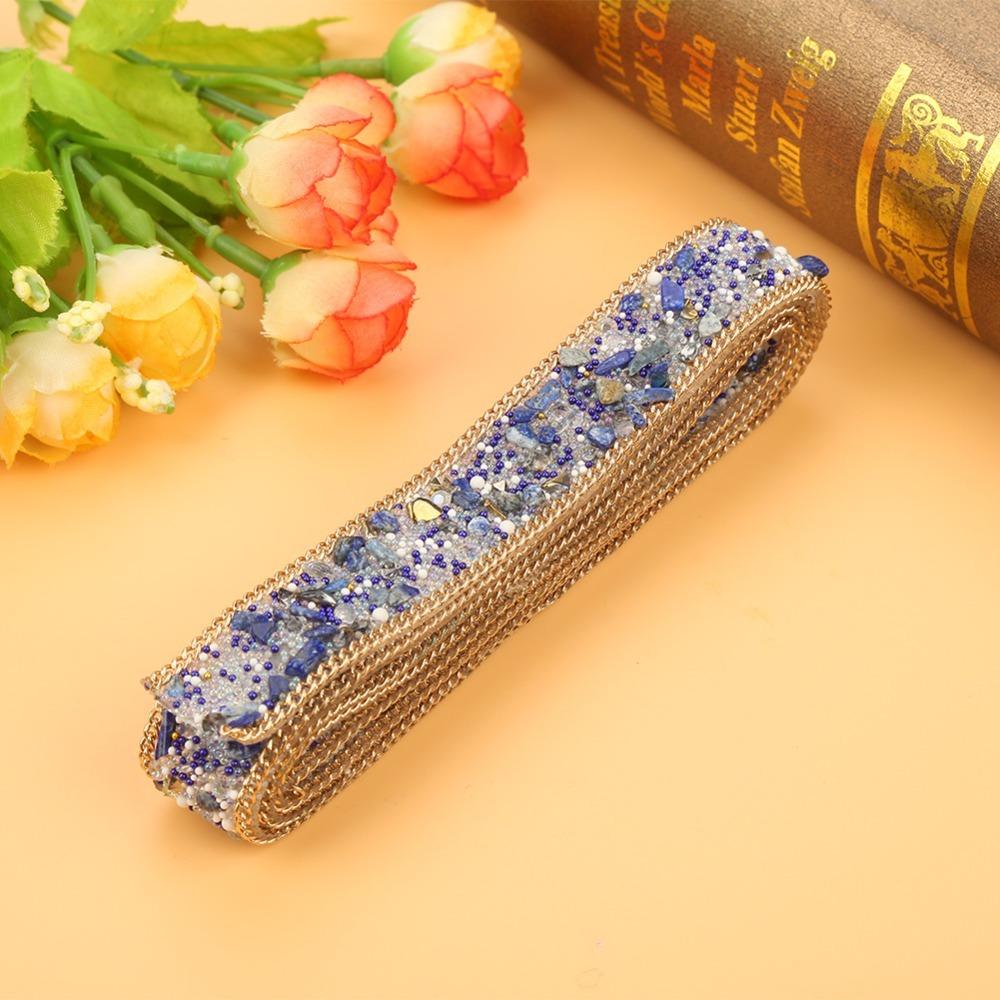 1pcs Gold Chain Combined Rhinestone Ribbon Chain 2cm Width Beaded Applique Trim For Clothes White Rice Bead