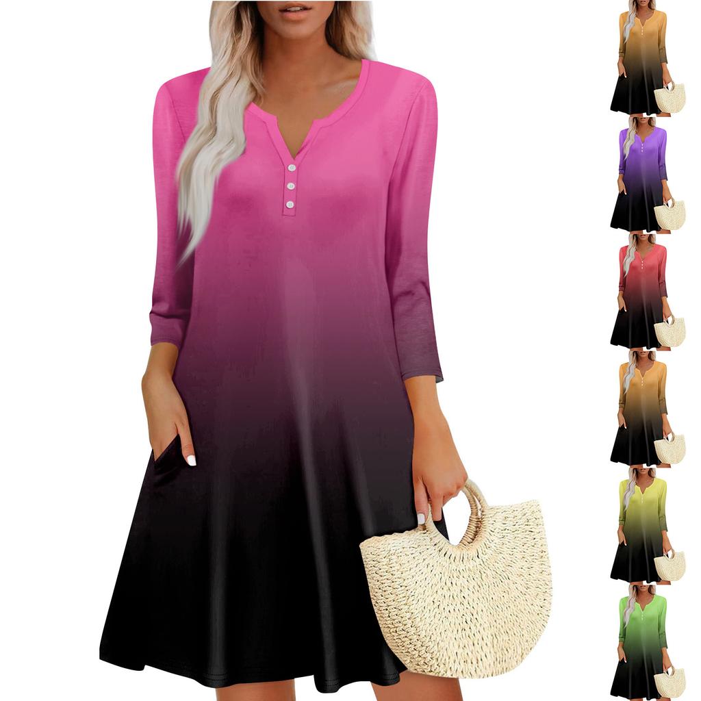 Women's summer casual V-neck gradient printed button up dress with pockets