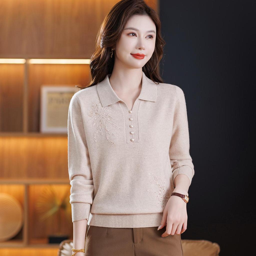 Elegant Women's 100% Wool Lapel Sweater - Loose, Stylish, Warm Knitwear for Autumn/Winter