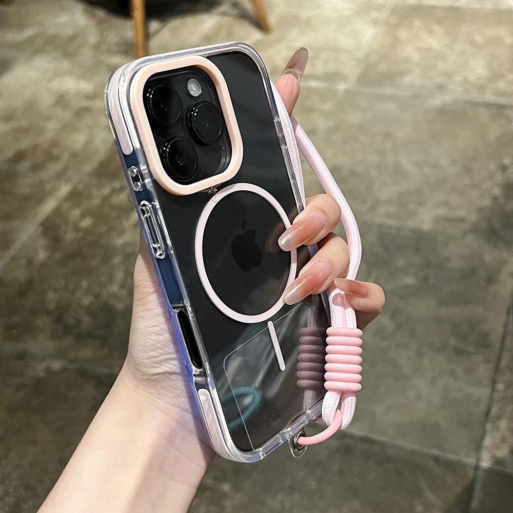 Wrist Strap Transparent Magnetic Phone Case for iPhone 14 15 16 Plus 11 12 13 16 Pro Max Magsafe Clear Charging Shockproof Cover
