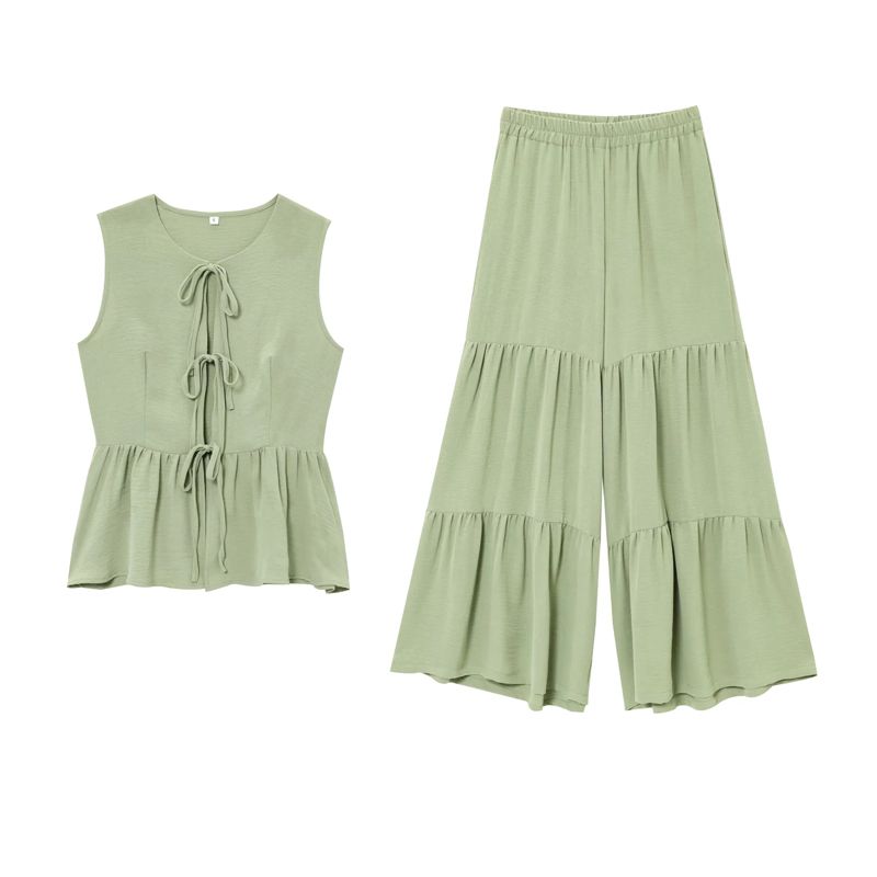 Spring and Summer New Women's Clothing Minimalist Wind round Neck Sleeveless Short Shoelace Tops Loose Vertical Horn Pants