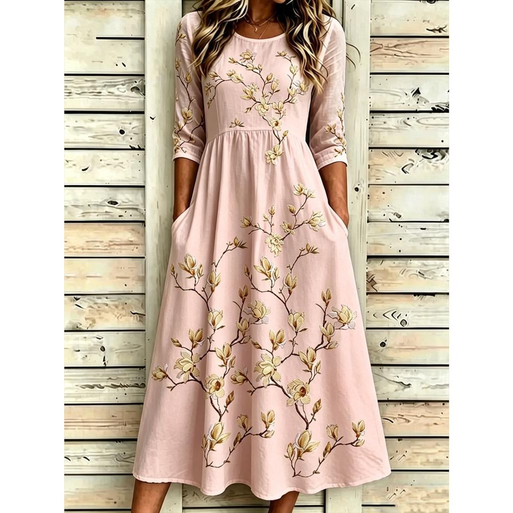 Women's Crew Neck Long Sleeve Loose Fit A-Line Midi Dress Casual 3D Floral Print