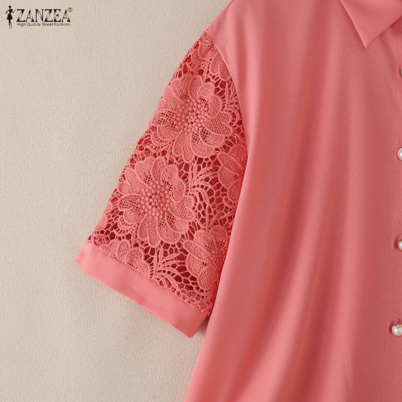 ZANZEA Women Casual Turn Down Collar Lace Splice Half Sleeve Blouse