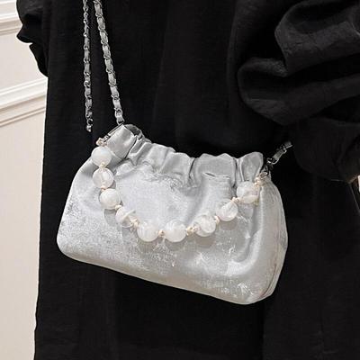 Vintage Pleated Pearl Chain Sling Shoulder Bags Soft Leather Crossbody Bags for Women New Chinese Fashion Female Handbags