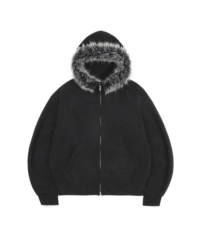 Easy No Easy Ribbed Knit Fur Zip-Up Hoodie - Black