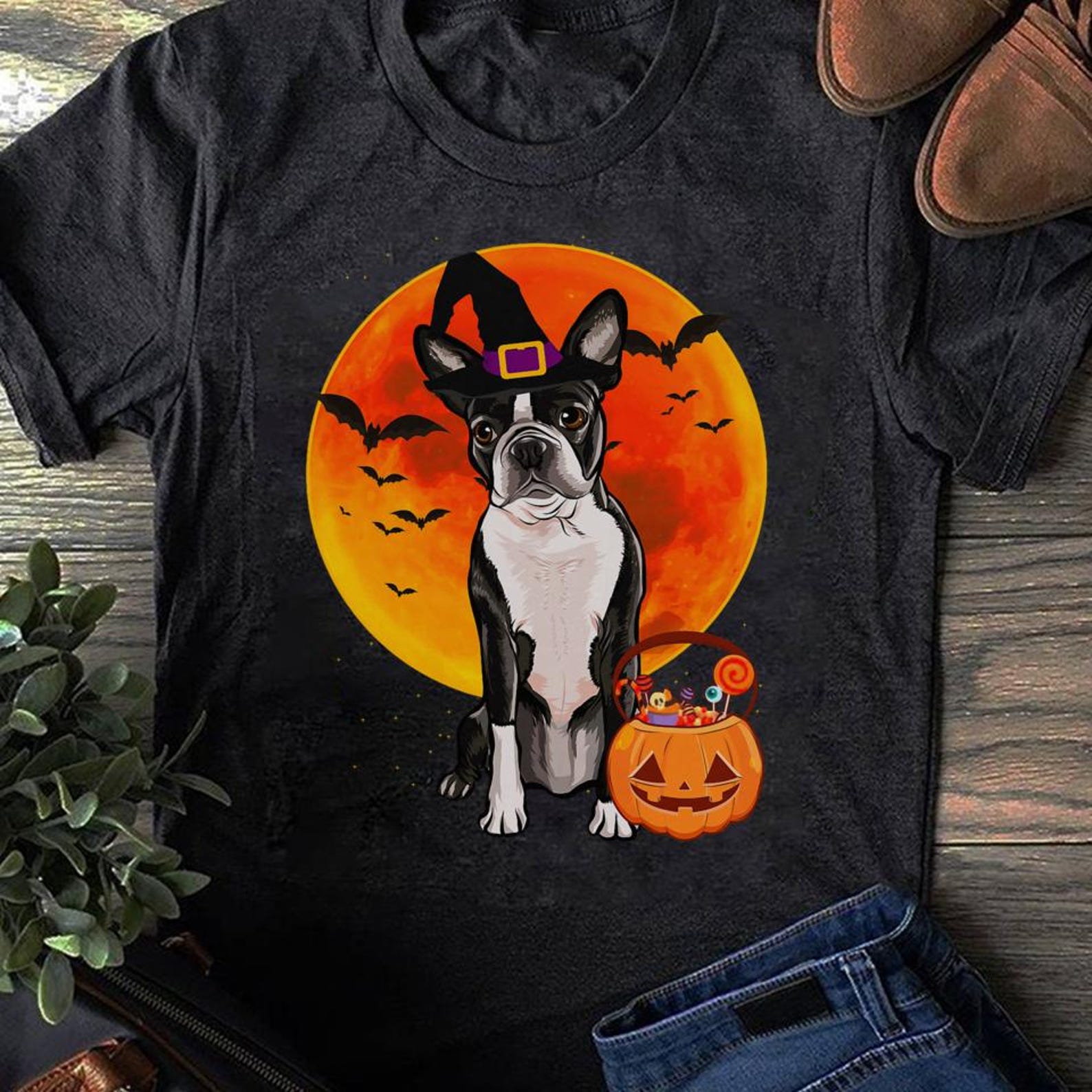 Boston Terrier Halloween T-Shirt: Dog Jack O Lantern Design 2XL