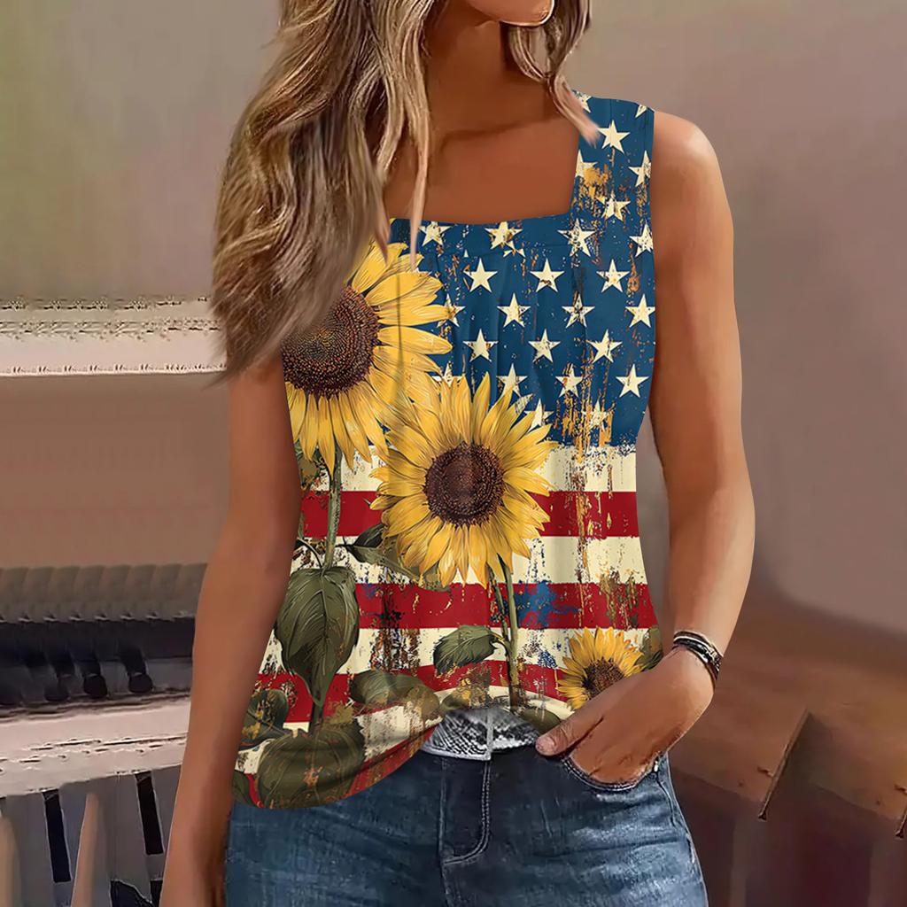 Square Collar Tank Top Women Print Tank Tee Casual Loose Fit Sleeveless Shirt