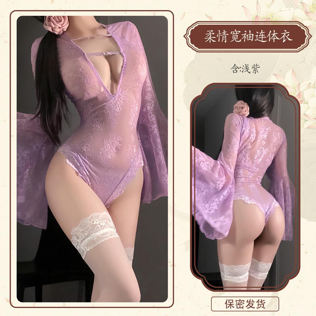 Lace perspective seduction lace hollow mesh deep V crotch horn sleeve one-piece 9392