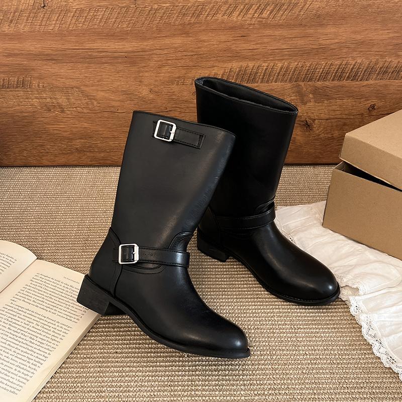 Winter Street Style Gürtelschnalle Damen Ritterstiefel Elegant Niedrig Absatz Schuhe Damen Slipper Mid-Calf Stiefeletten De Muje